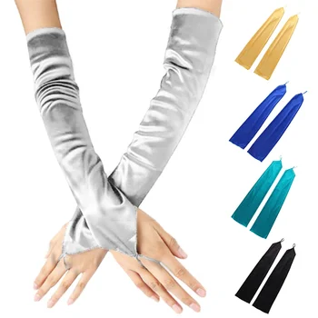1 Чифт секси еластични сатен ръкавици от еластична плетене на една кука и дълги пръсти, ръкавици без пръсти, Упътвания, слънчеви ръкавици с Дължина до лакътя 49 см