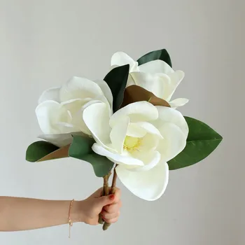 14-инчов Изкуствени Цветя, Луксозни Голям Истински Сензорен Клонка Бяла Магнолия Сватбена Украса Декор на Масата за Хранене Flores Artificiales