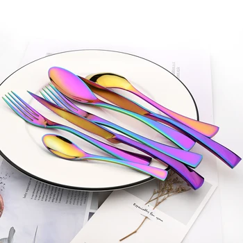 Drmfiy Комплект съдове за готвене на луксозни Rainbow Комплект ножове, вилици, лъжици, прибори за хранене от неръждаема стомана 304, набор от прибори за кухня в стил Уестърн, набор от прибори за хранене сребро
