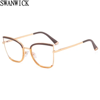 Swanwick TR90 очила cat eye с анти-синя светлина, големи прозрачни лещи, метални рамки за очила за жени, черни леопардовые дамски подаръчни стоки
