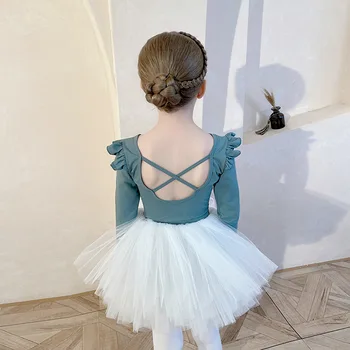 Балетное рокля-пакет за момичета, професионално детско гимнастически танцово Трика с волани и дълъг/къс ръкав, Тренировъчен балетен костюм на Балерина