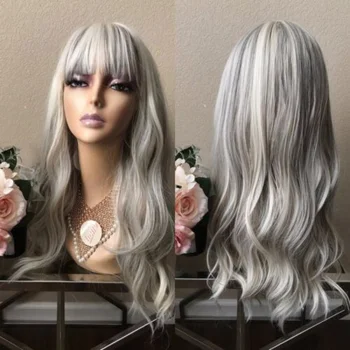 Дълъг Сиво-бял Platinum Балаяж От Вълнообразни Синтетични косми Cosplay Перука с бретон