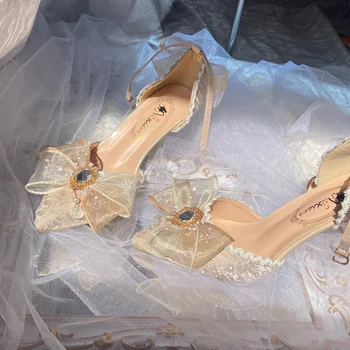 Елегантен Ретро Лолита Придворен Стил на Cosplay Цвете Сватбата Момичето Прекрасна Сатен Лък Бисер Скъпоценен Камък Лента Цвете 4,5 см, Обувки На Висок Ток
