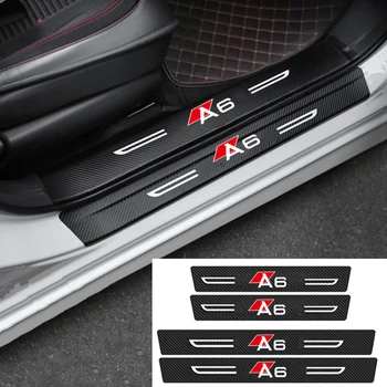 Етикети на прага на вратата на колата е от въглеродни влакна за Audi A6 с логото на лентата за заден праг на багажника, Водоустойчиви стикери, Аксесоари за накладки