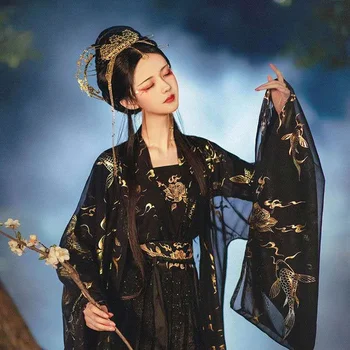 Източно-китайски традиционни костюми за жени с участието на Древна Риба Черно танцово представяне на Hanfu Dresses Съоръжения
