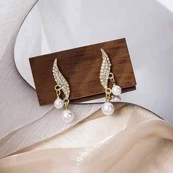 Индивидуален обрат S Образни обеци с кристали във формата на листа, за жени, за Сватба парти Модни Обеци с имитация на перли с пискюли Бижута