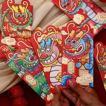 Китайска нова година Happy Червен Плик за Деца, Джоб за Пари, за Късмет, Плик за Благословиите, Зодиакални Дракон, 2024, 6шт