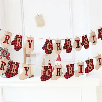 Коледен банер, виси на Коледното дървото, Чорапи с Дядо Коледа и Лосем, на Хартиен флаг за дома, украса за Коледно парти със собствените си ръце За