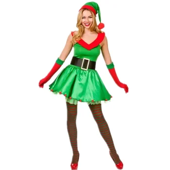 Коледна рокля, дамски коледен костюм за възрастни, Коледен костюм от зелен елф, рокля на Дядо Коледа