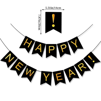 Коледни Аксесоари За Партита Happy New Year Banner Черна овесена каша със Златен Азбука за Декорация на Партита NYE