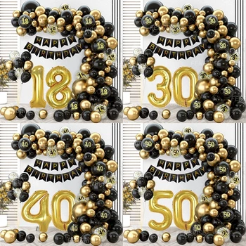 Комплект за арка с венец от балони от черното злато, балон от латекс, Конфети, честит рожден Ден на 18 30 40 50 години, декорация за партита за възрастни, Годишнина