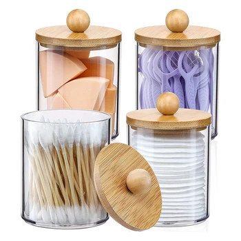 Кутия за съхранение на аксесоари-организаторите за баня, Контейнери за съхранение на прозрачни пластмасови кутии с бамбукови капаци За памучен тампон, зъбни конци