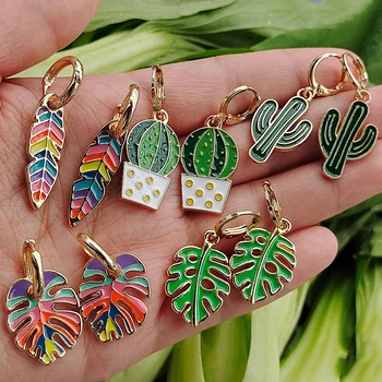 Малки изискани обеци с разноцветни листа от эмалированного кактус за жени Модерен креативен и уникален дизайн Растителни обеци Бижута