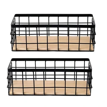 Метална кошница за съхранение в 2-те опаковки с дървена основа, декоративни кошници за съхранение вкъщи, метална кошница за съхранение на дребни съдове
