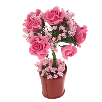 Миниатюрни растения за куклена къща в саксии 1:12, розово гърне, бонсай, имитация на рози цветя, градински играчка за домашен интериор, кукла