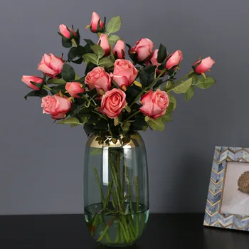 Многоглавая Роза, Изкуствени Цветя, Единична Клонка, 2 Пъпка, Българска Роза, Изкуствени Цветя, Реколта Европейската Роза, Flores Artificiales