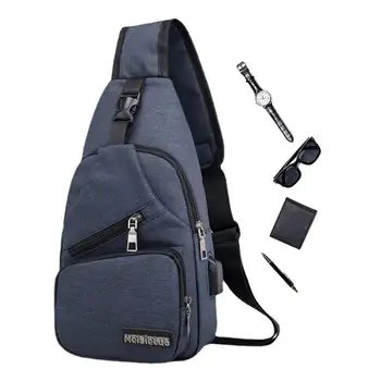 Мъжка чанта-портфейл, раница през рамо, водоустойчив мъжки велосипедна чанта през рамо с регулируема жак за слушалки с USB порт