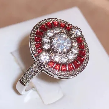 Ново кръгъл пръстен с червен цирконием, инкрустированное диаманти, за жени, марка 925 проба, Мода декорация за сватбени партита, Подарък на Едро