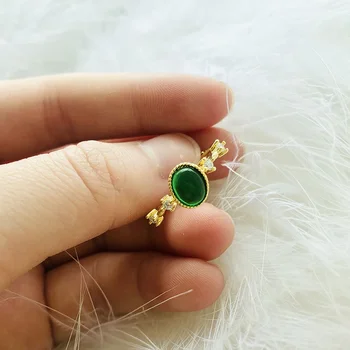 Оригинален дизайн натурален зелен chalcedony овална дупка регулируем пръстен Китайски ретро чар женски марка сребърни бижута