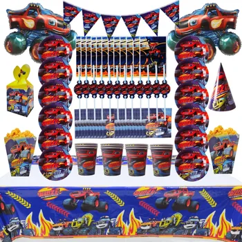 Парти с анимационни автомобил Flame Monste, украса балони и състав, Детски душ, за Еднократна употреба чаша и чиния, прибори за хранене