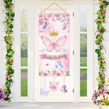 Пеперуда Вратата, Висящ Банер честит Рожден Ден Украса За Дома 2023 Деца Момиченце на 1-ви Рожден Ден на Фона на Заден План Банер
