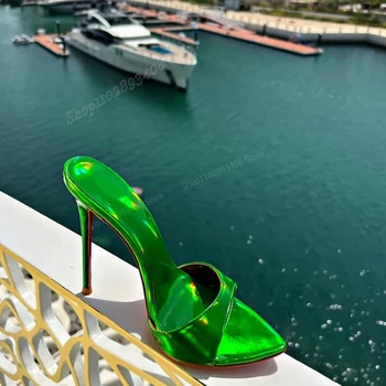 Пикантни Блестящи Зелени Чехли с отворени пръсти на висок ток-висок ток; Дамски обувки без обков с остри пръсти; Новост 2023 г.; Модни Zapatos Para Mujere