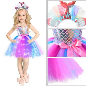 Рокли-опаковки Русалка с светящимся led, Детски парти по случай рождения Ден на Русалки, танцов костюм за момичета в мини пола, cosplay, декор, рокля на принцеса