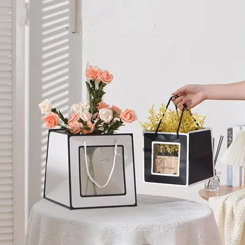 Цветен пакет от крафт-хартия С прозрачен прозорец, опаковъчна хартия, Чанта, Сватба парти, Букет от рози, със собствените си ръце, Кошница за съхранение на декоративни