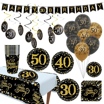 Черни Златни Възпоменателни балони, Декор за парти честит Рожден Ден, Украса за парти на 40-ия Ден от Раждането, Аксесоари за парти в 30/40/50 години